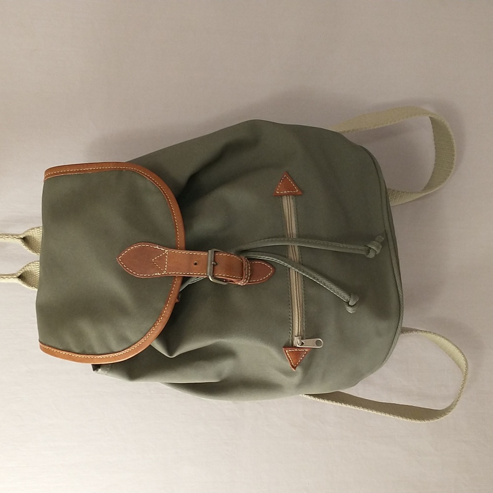 Canvas & Leather Backpack GH Bass Plaid lining Sz 12x11 Washable Sturdy Quality